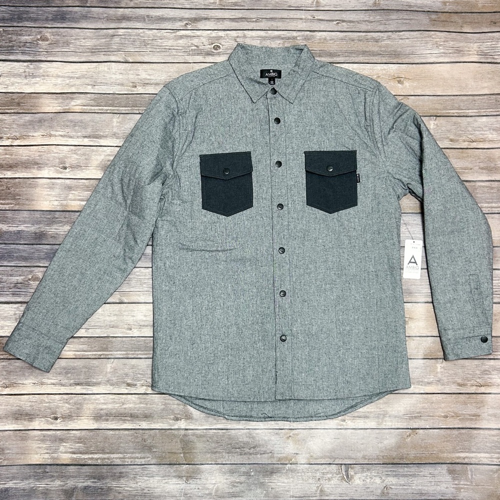 Ambig Union Light Grey Snap Button Quilted Collar Shacket Jacket Large NWT